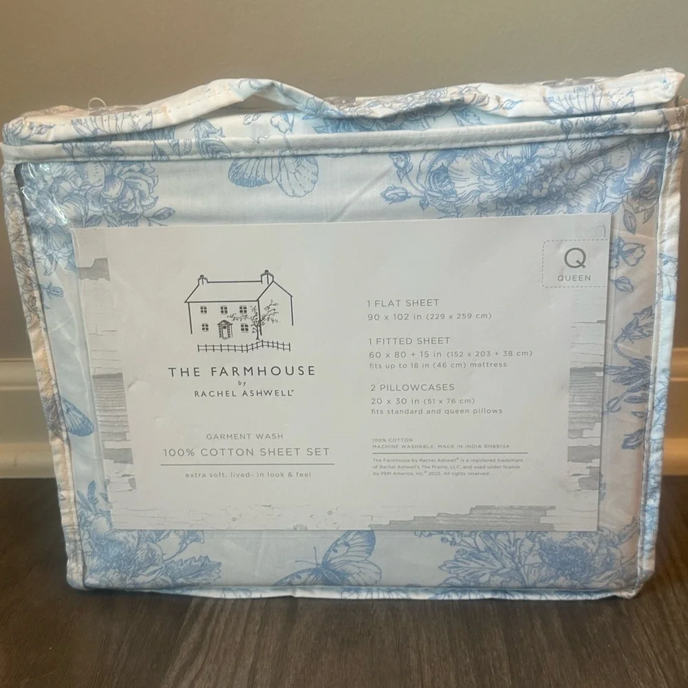 The Farmhouse Rachel Ashwell Blue Floral With Butterflies Cotton Sheet Set Queen